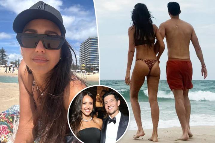 Jessica Alba rocks thong bikini on beach with Danny Ramirez