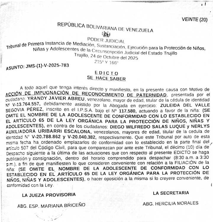 EDICTO. Se hace saber a todo aquel que tenga interés directo y manifiesto, en la presente causa con Motivo de ACCIÓN DE IMPUGNACIÓN DE RECONOCIMIENTO DE PATERNIDAD, presentada por el ciudadano: YRANDY