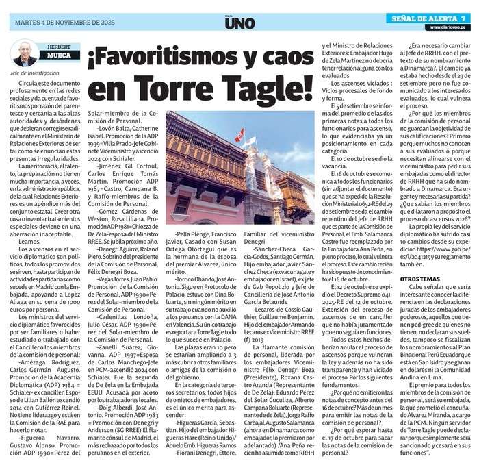 ¡Favoritismos y caos en Torre Tagle!