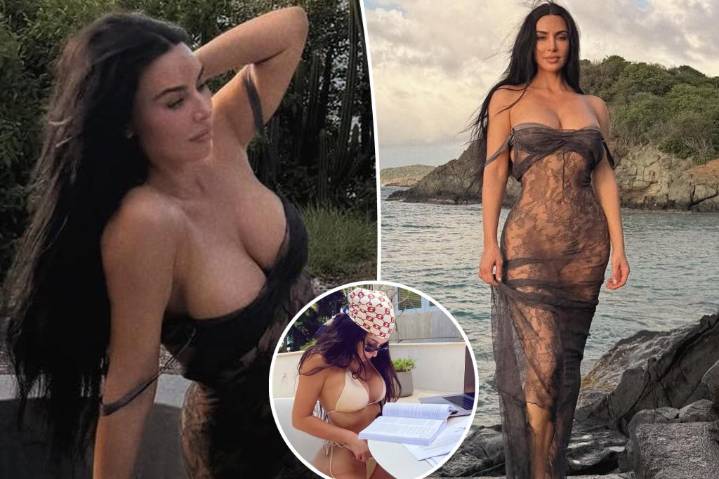 Kim Kardashian wears sheer lace dress on the beach