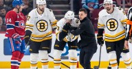 Charlie McAvoy hit in the mouth by a slap shot as Bruins beat Canadiens, 3