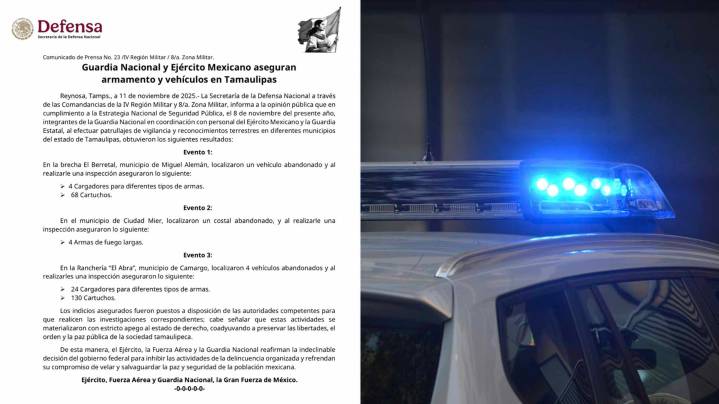 Ejército y Guardia Nacional Decomisan Armas y Cargadores en Miguel Alemán y Camargo