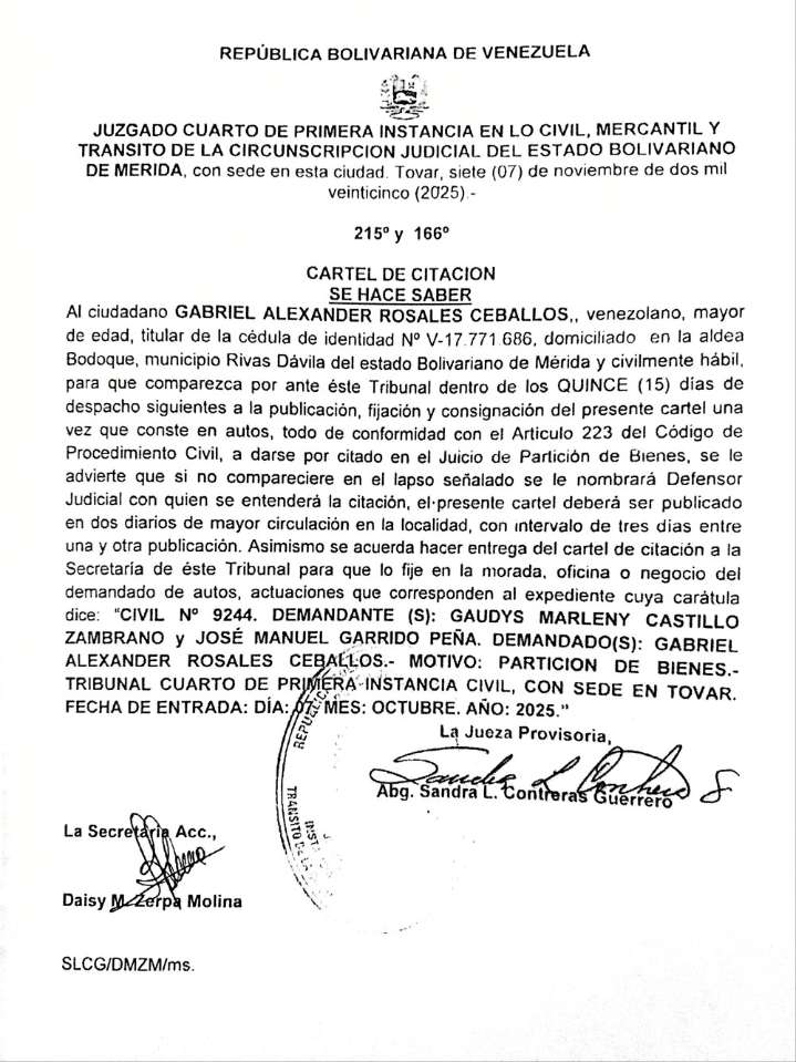 Cartel de citación al ciudadano GABRIEL ALEXANDER ROSALES CEBALLOS, titular de la cédula de identidad N° V