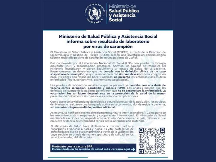 Salud de Guatemala informó sobre prueba positiva de sarampión
