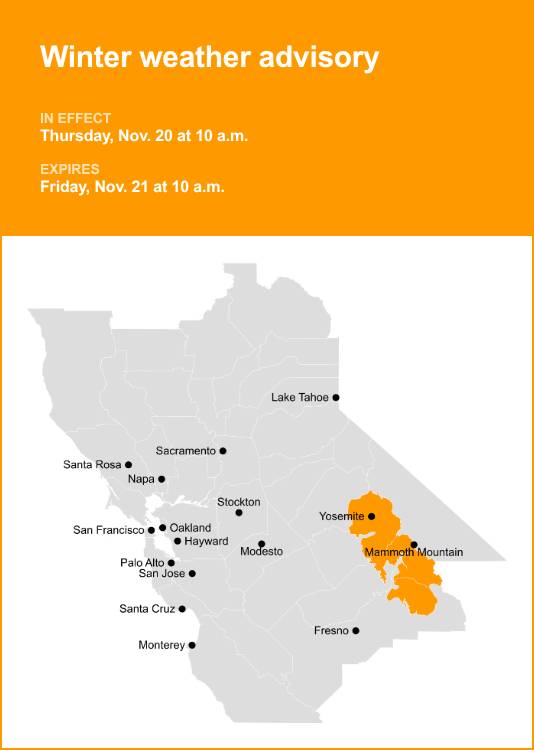 Winter weather advisory for Yosemite until Friday morning