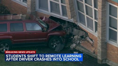 Burbank news: Car crash damages St. Laurence High School at 5556 West 77th Street in Burbank, Illinois, prompts e
