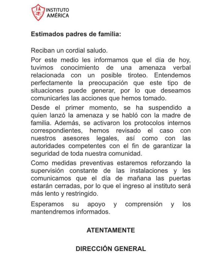 Alerta entre padres de familia del Instituto América por amenaza de tiroteo emitida por alumno de secundaria