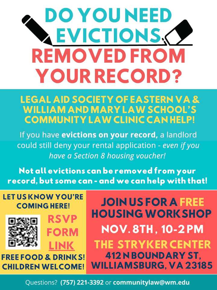 W&M Law School’s New Community Law Clinic to Launch with Free Eviction Expungement Clinic and Housing Workshop