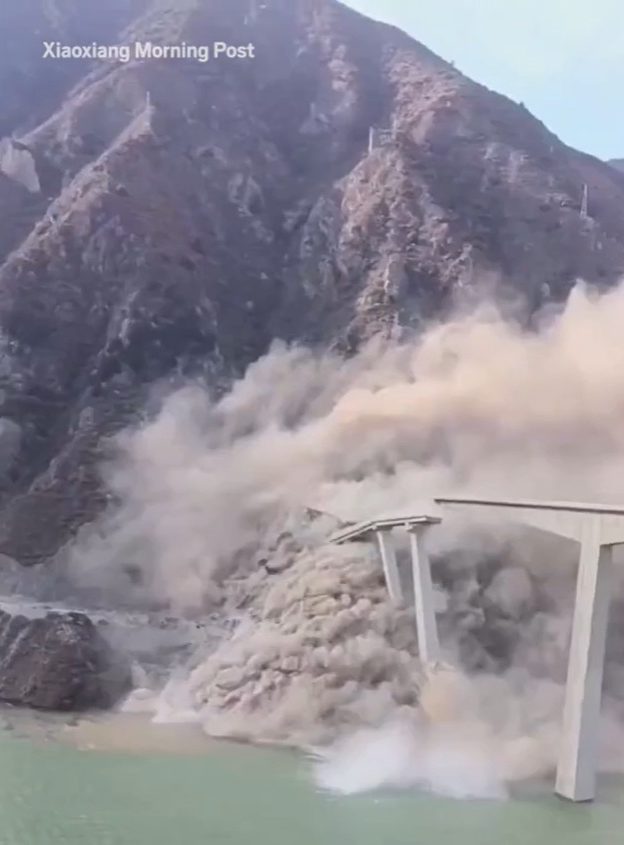 Astonishing moment 758-metre-long bridge collapses in China months after opening