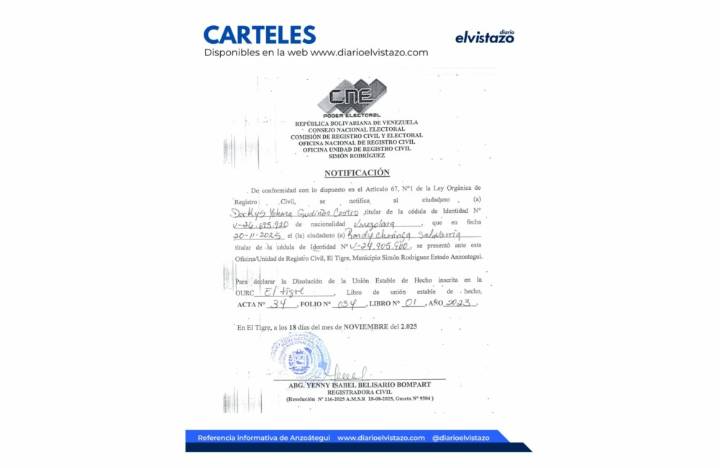 Cartel de Disolución de Unión Estable de Hecho del Registro Civil del municipio Simón Rodríguez en atención a Dorkys Yohana Gudiños Castro y Randy Charinga Salaverría