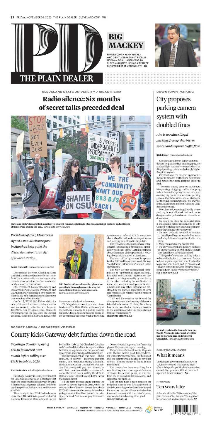 The Plain Dealer’s front page for November 14, 2025