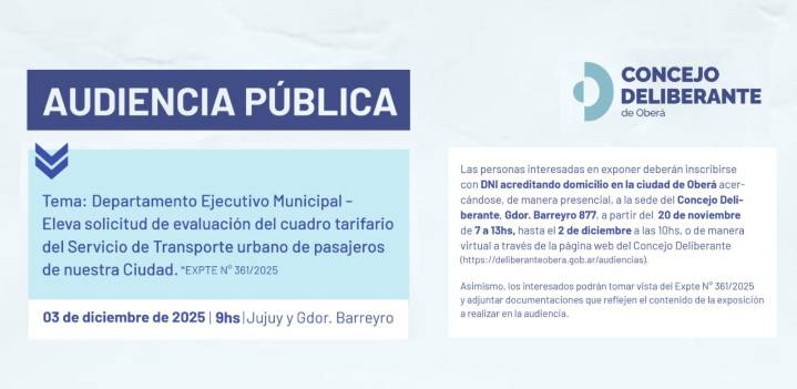 El Concejo Deliberante convocó a Audiencia Pública para evaluar la tarifa del transporte urbano en Oberá