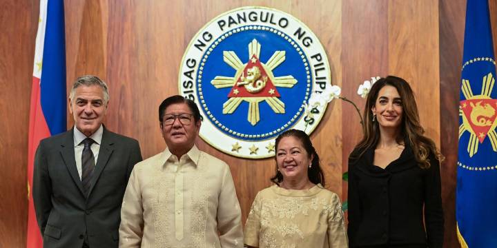 Amal Clooney confirma la sobriedad y elegancia de vestir de negro con vestido bordado y chaqueta entallada