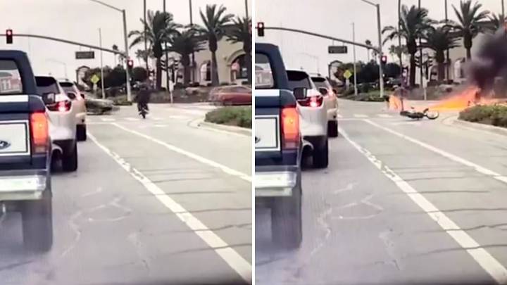California Horror: Teen Biker Runs Red Light, Bike Smashes Into Car And Bursts Into Flames Yet Miraculously Survives Crash