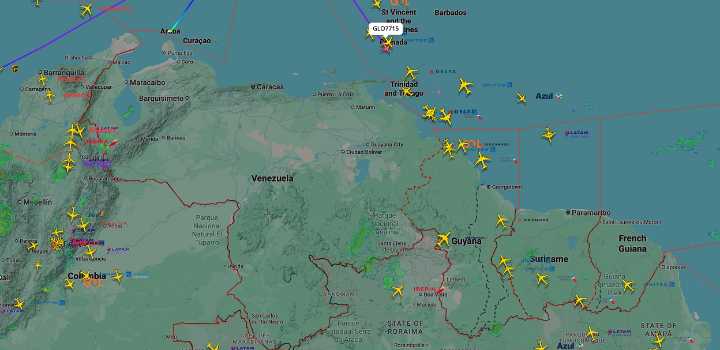 Mapa en vivo muestra espacio aéreo de Venezuela desocupado de vuelos comerciales