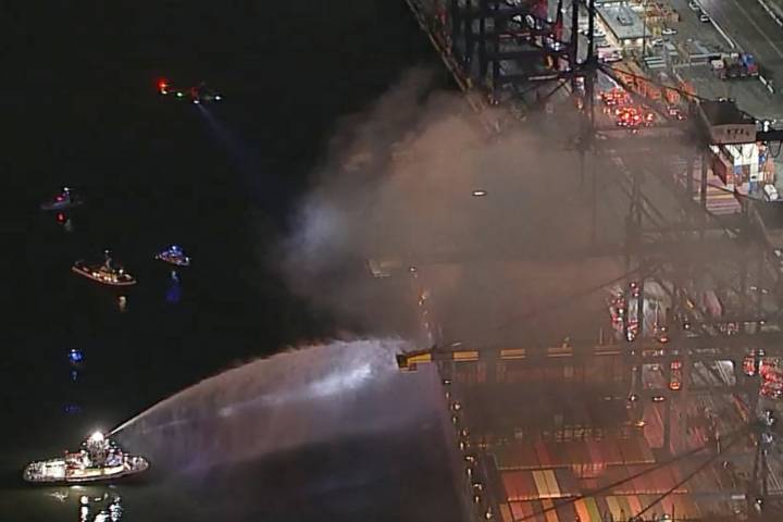 Fire aboard a Los Angeles container ship briefly prompted a shelter