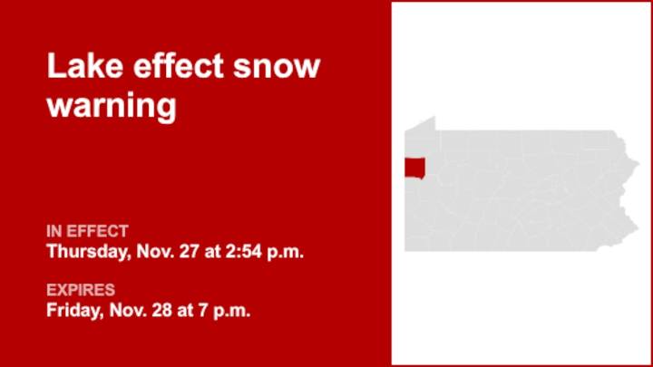 Lake effect snow warning active for Mercer County until Friday evening