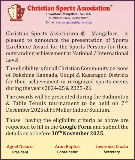 Christian Sports Association to hold badminton & table tennis tournament on Dec 7