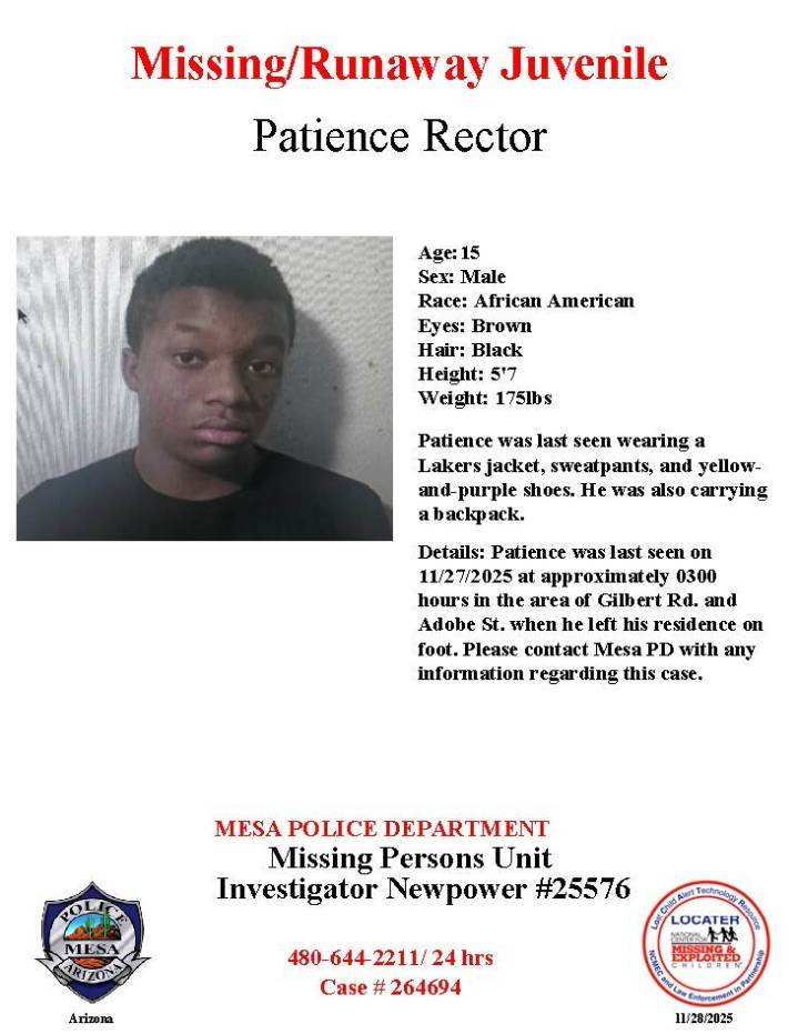 Patience Rector, 15, missing from Mesa, police say