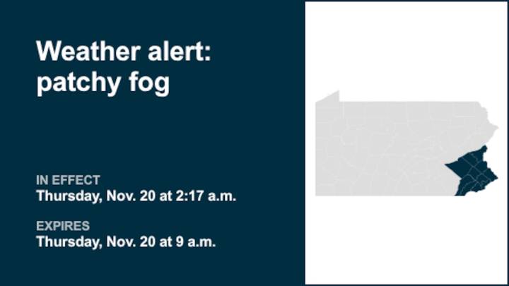 Weather alert for patchy fog in Southeast Pa. until Thursday morning