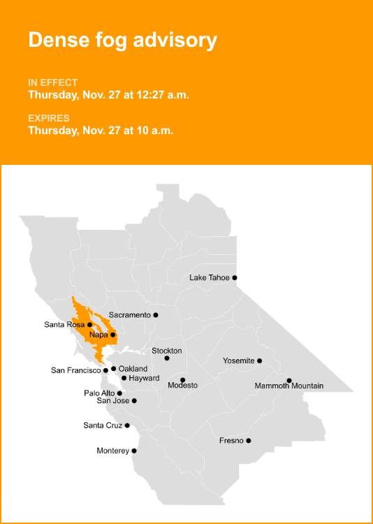 Dense fog advisory in place for North Bay Interior Valleys until Thursday morning