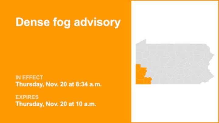 Dense fog advisory for Southwest Pa. Thursday morning