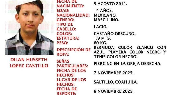 Atención. Desaparece Dilan Husseth López Castillo, adolescente de 14 años, originario de Saltillo