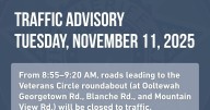 TRAFFIC ALERT: Temporary road closure planned for Veterans Day event