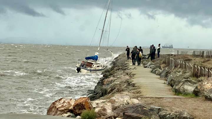 1 rescued after small sailboat crashes up against rock wall near Encinal Beach in Alameda