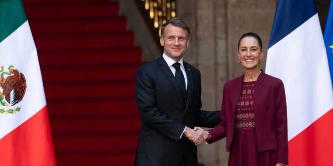 Sheinbaum a su homólogo de Francia, Emmanuel Macron en Palacio Nacional