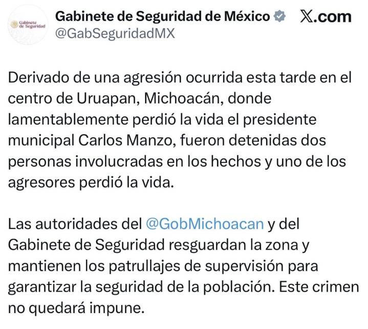 Fallece Carlos Manzo alcalde de Uruapan tras agresión en el centro histórico de Uruapan