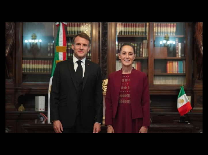 Claudia Sheinbaum y Emmanuel Macron se reúnen en privado en Palacio Nacional