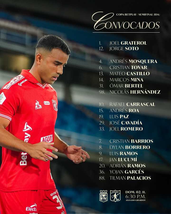 Oficial: Convocatoria América de Cali para enfrentar a Nacional por Copa Colombia -