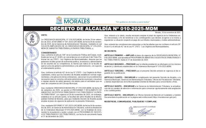 DECRETO DE ALCALDÍA Nº 010-2025-MDM – 10 – 11 – 2025