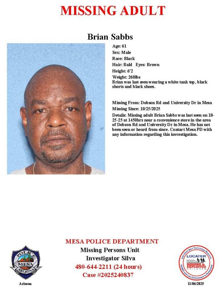 Brian Sabbs, 61, missing from Mesa, police say