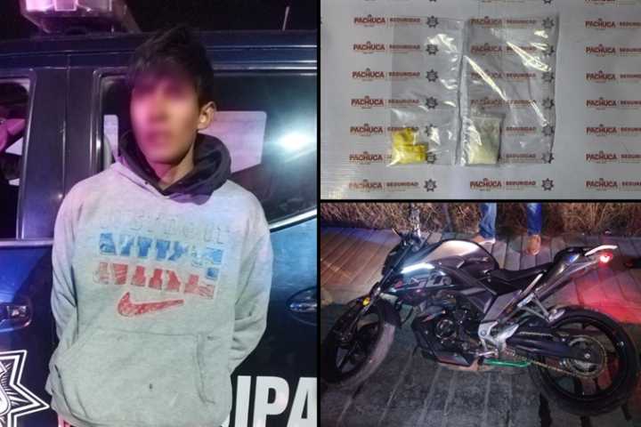 Detienen a jovenzuelo con motocicleta robada y droga en Pachuca