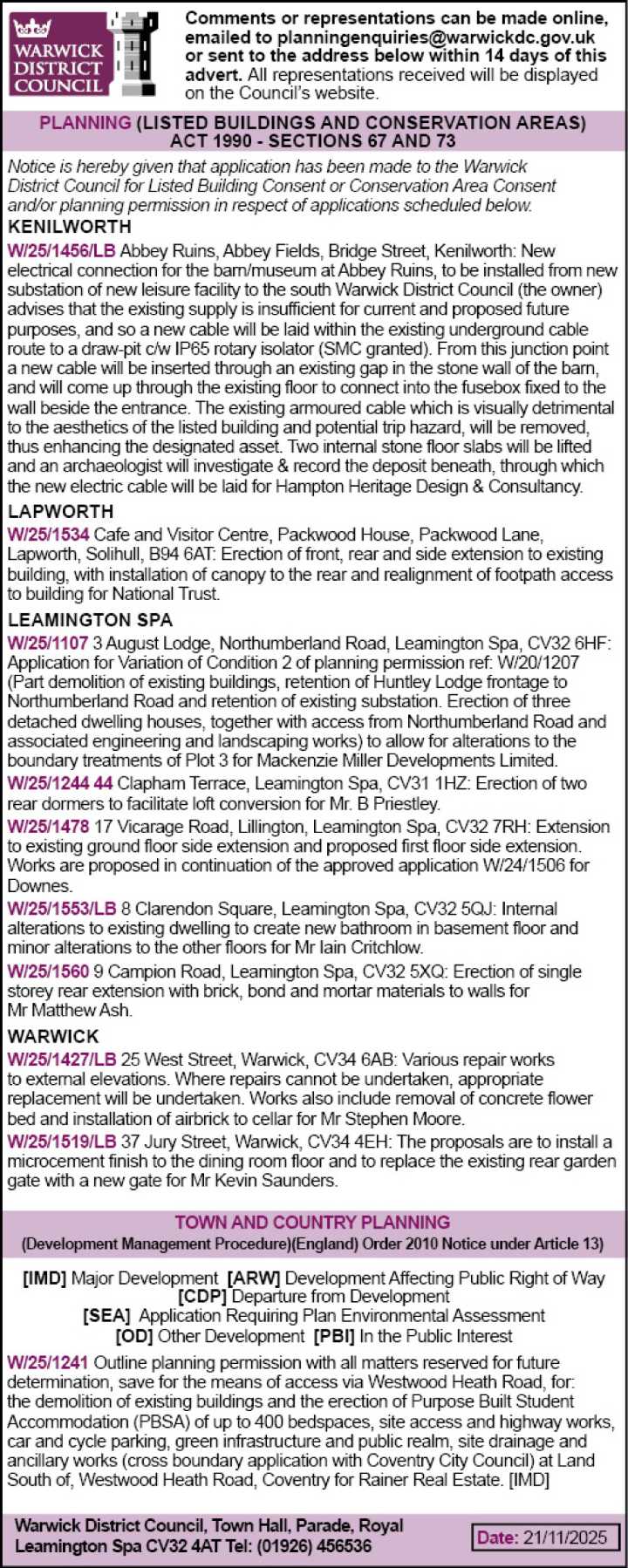 Weekly planning notices - Warwick District Council | Public Notices 
