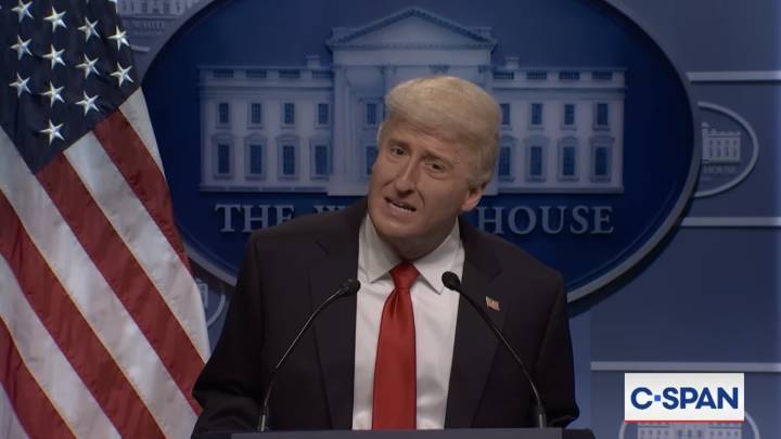 Donald Trump crashes Epstein email press briefing in SNL cold open