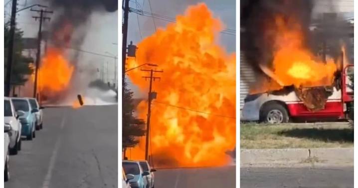 VIDEO: Tanques salen volando tras explosión y flamazo de camioneta repartidora de gas en Mexicali