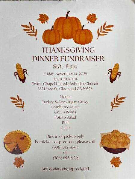 Travis Chapel UMC Annual Thanksgiving Dinner Fundraiser Friday November 14 (11am