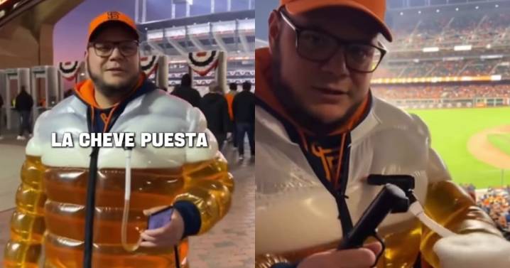 “Todos se le quedaban viendo”: joven sorprende en un juego de béisbol con una chaqueta que también funciona como dispensador gigante de cerveza