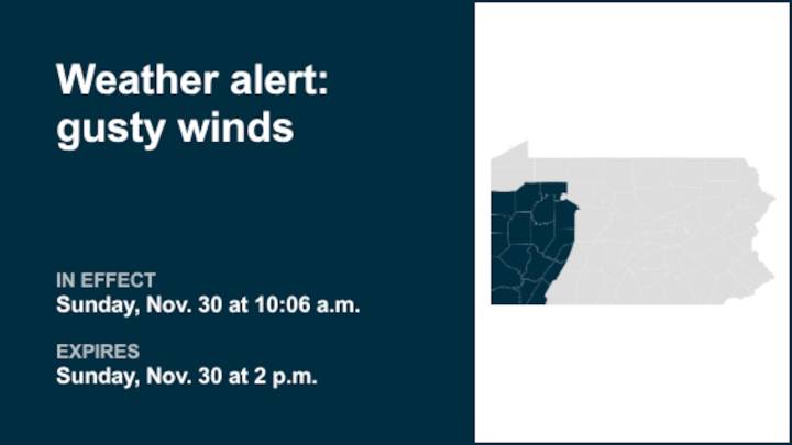Weather alert issued for gusty winds in part of Pennsylvania until Sunday afternoon