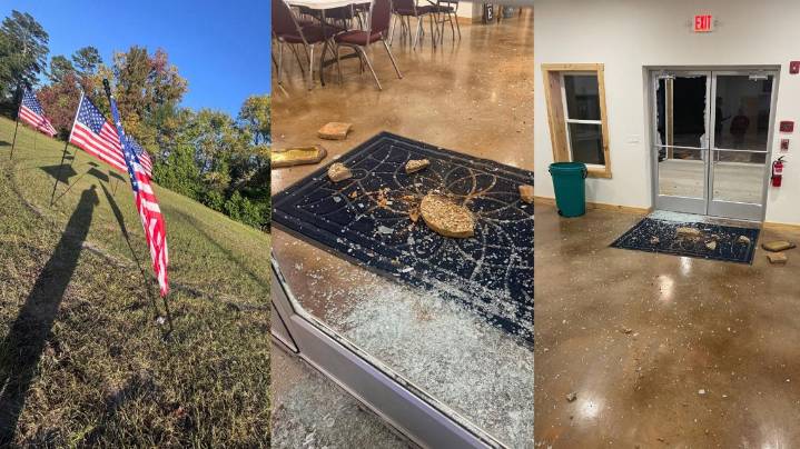 East Texas man arrested for allegedly throwing septic lid into church doors, damaging flag display