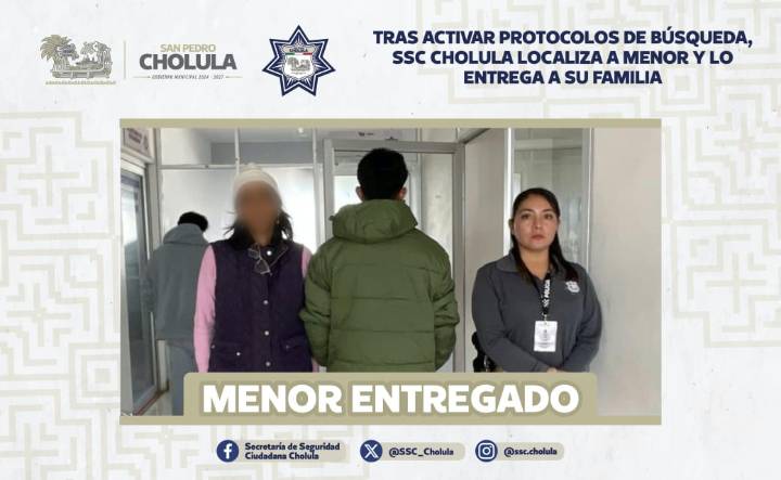 Tras activar protocolos de búsqueda, SSC Cholula localiza a menor y lo entrega a su familia