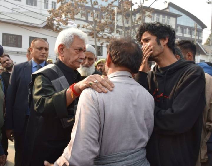 LG meets the injured in the accidental blast at Nowgam Police Station