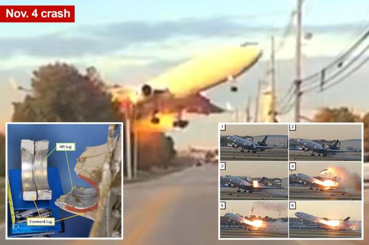 New photos of UPS MD-11 jet crash show engine fly off, as NTSB finds aging plane had 'fatigue cracks'