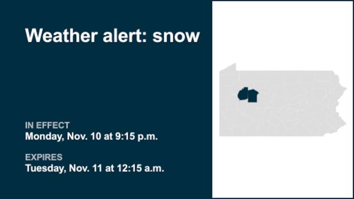 Weather alert issued for snow in Clarion and Jefferson counties until early Tuesday