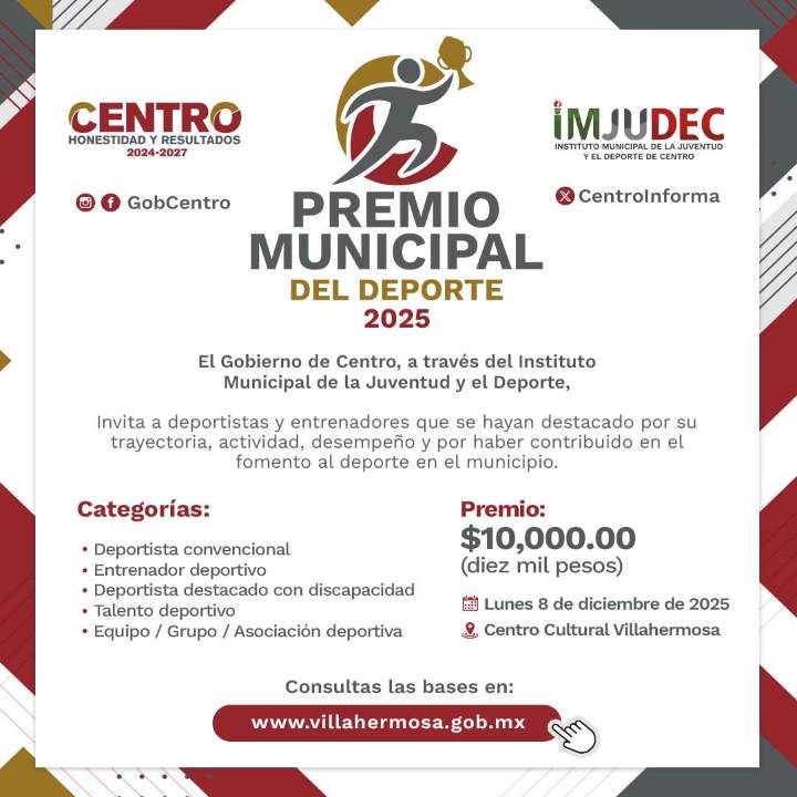 Invita Centro a participar en los premios municipales de la Juventud y el Deporte 2025