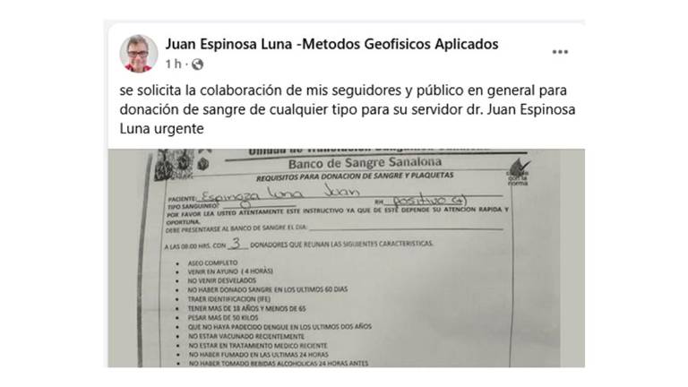 Solicita doctor Espinoza Luna donadores de sangre en Culiacán