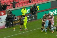 Fan restrained by security as mass brawl breaks out at end of Championship clash